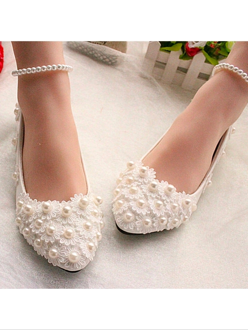 Pearl Embellished Lace Pointed Flats - White/Ivory